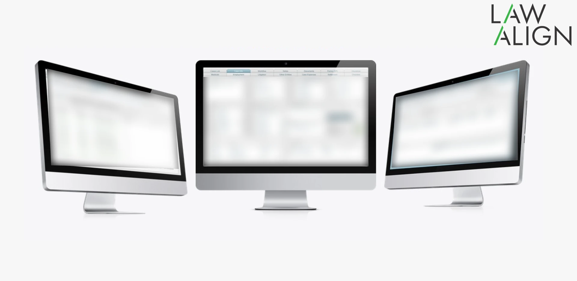 LawAlign case management software shown on three monitors, with the contents of each screen blurred