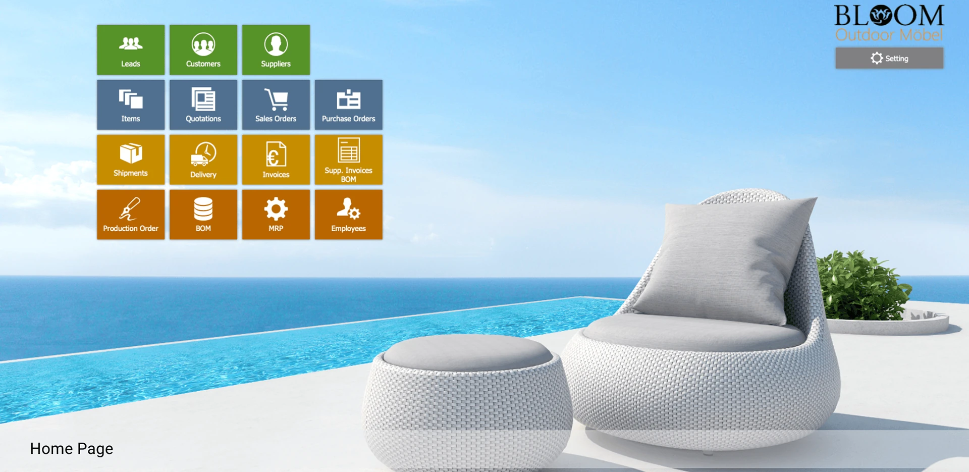 BLOOM Outdoor Möbel MRP system home screen with module tiles